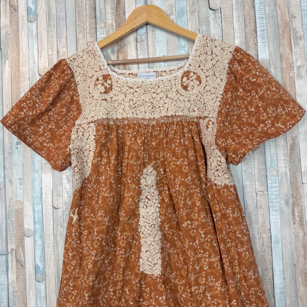 Mi Golondrina Mexico Hand Embroidered Floral Mini A Line Dress Rust 2X XXL XL - Picture 2 of 6